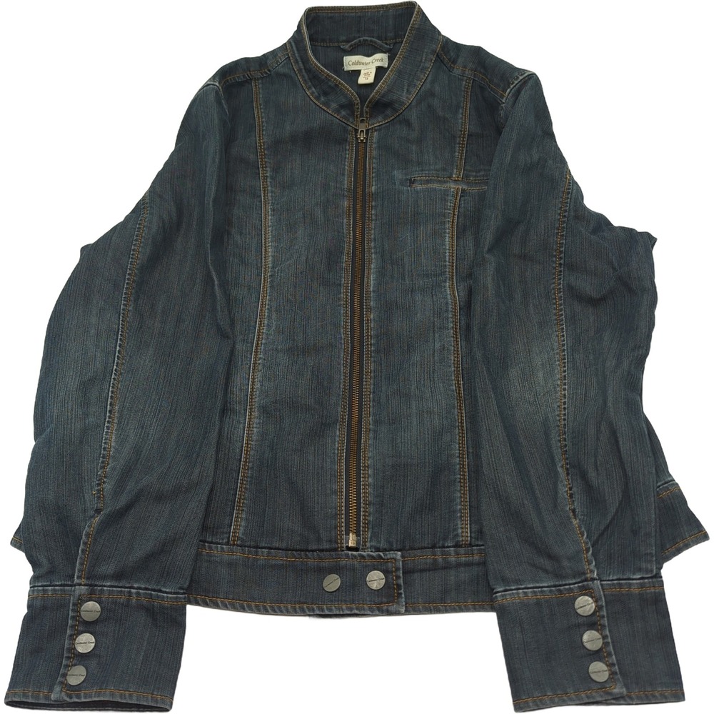 Coldwater Creek Womens 16 Blue Denim Zip Up Jacket Mandarin Collar Dark Wash